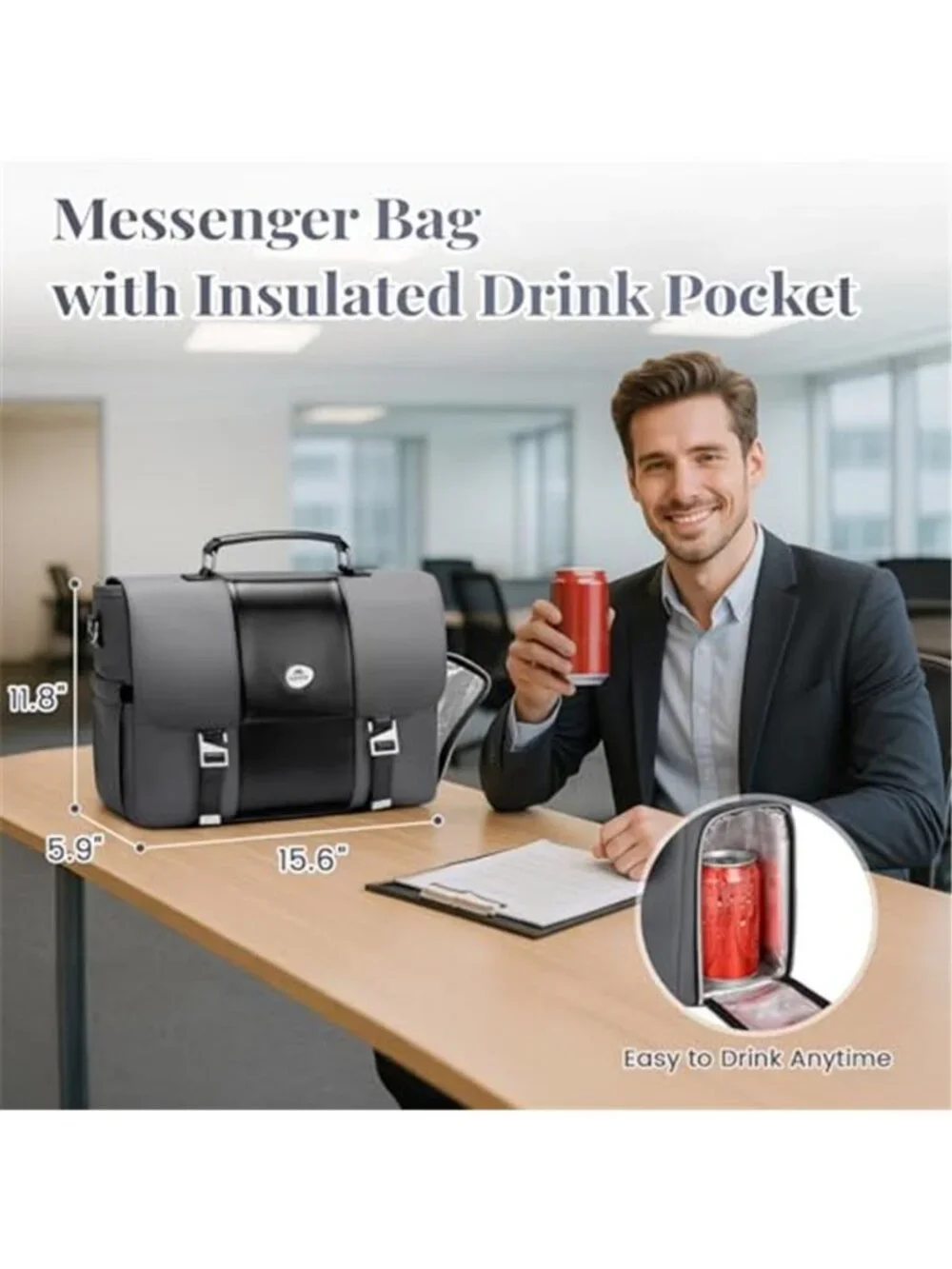 Mens Business Briefcase 15.6 Inch PU Leather Messenger Bags Laptop